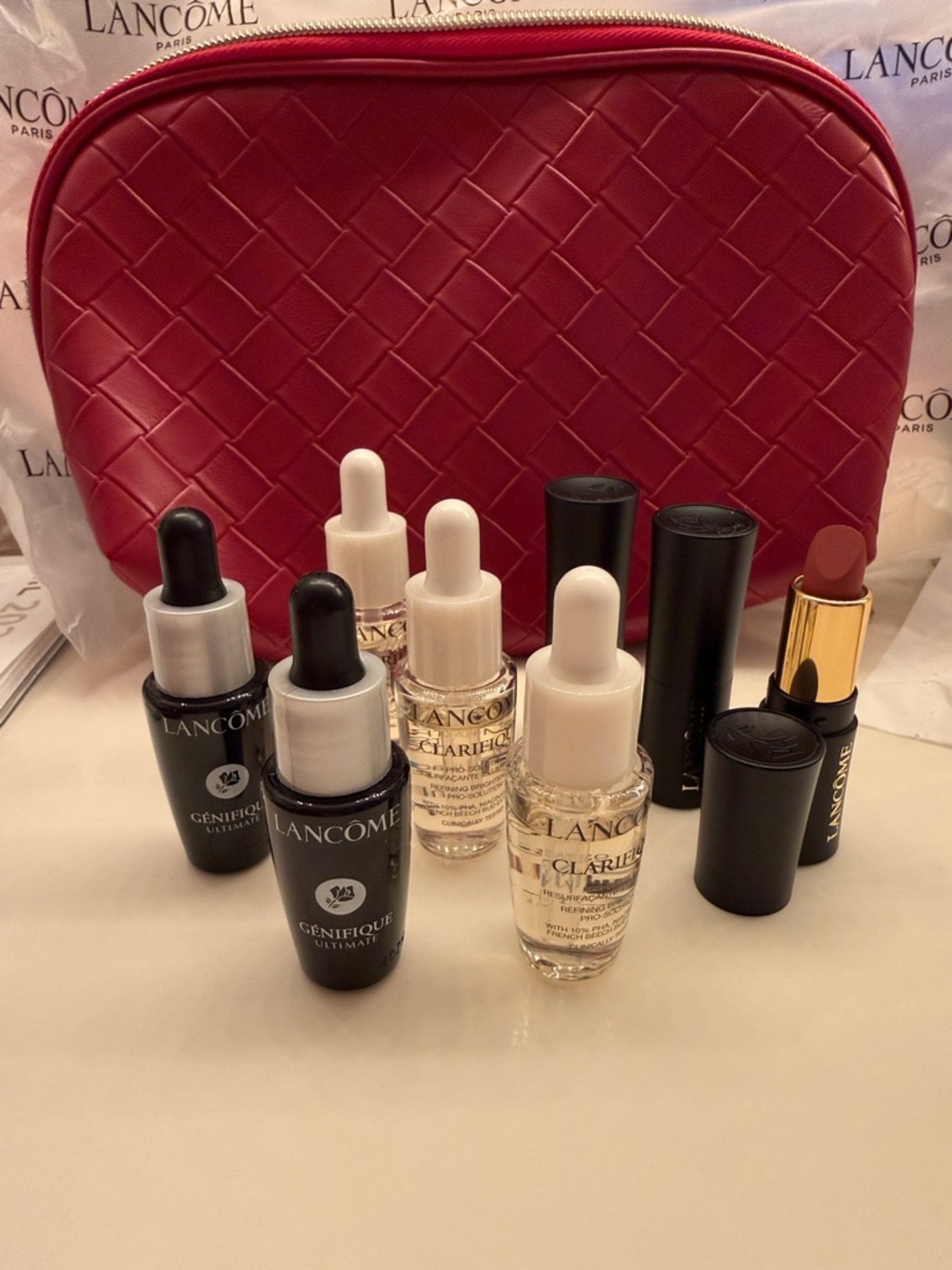 Lancôme Travel Size Skincare Set w/3 Lipsticks and Red Cosmetic Pouch